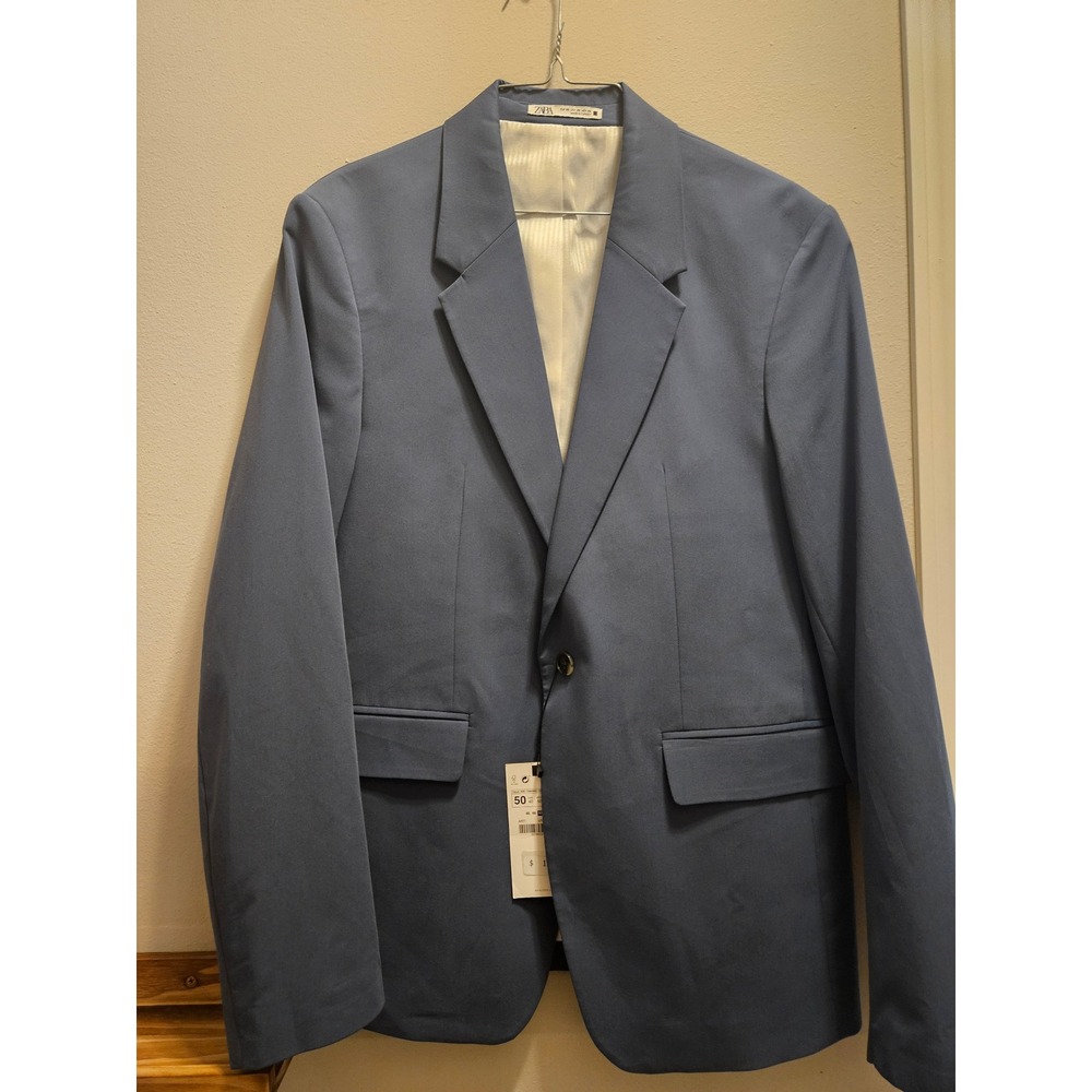 Zara Man Suit Jacket Blazer Slate Blue Single Button Notched Lapel Size 40 50